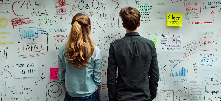 Analytics team whiteboarding a tracking spec on sticky notes during content strategy review
