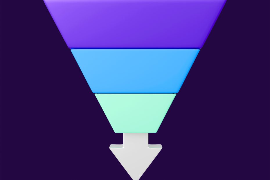 3D sales funnel showing acquisition tracking stages from awareness to conversion