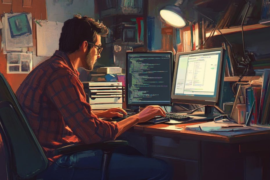 Developer workspace with dual monitors showing data layer architecture code