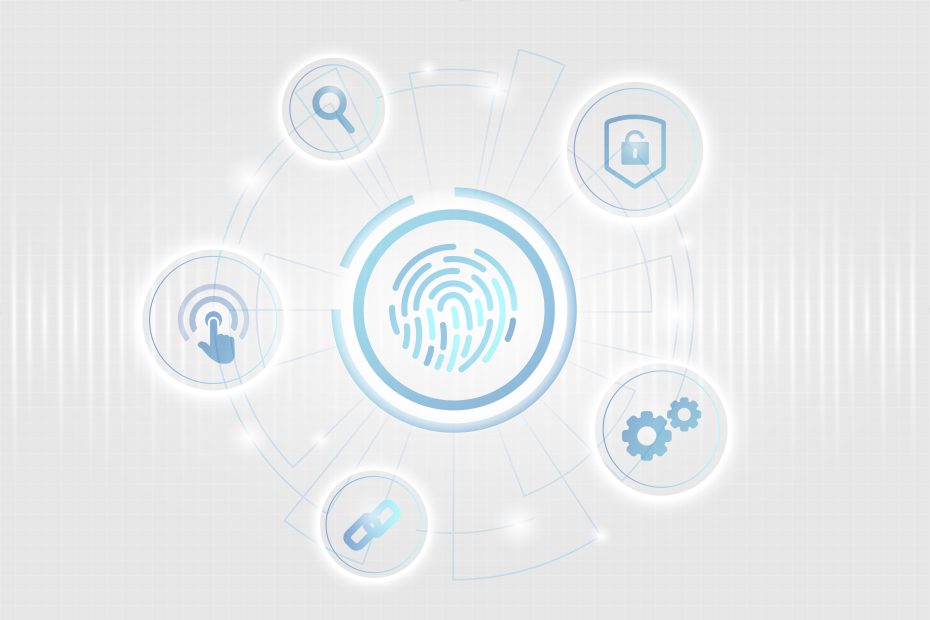 Abstract fingerprint and privacy icons, representing data protection in a healthtech product