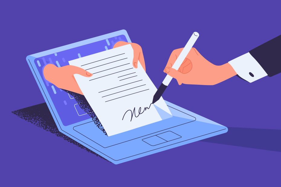 Illustration of a hand signing a document, representing a data retention policy